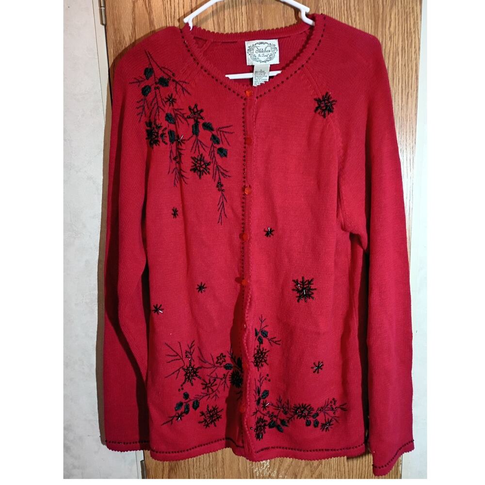 Vintage Red Embroidered Beaded Cardigan L Dark Floral Folk Art Holiday Cottage